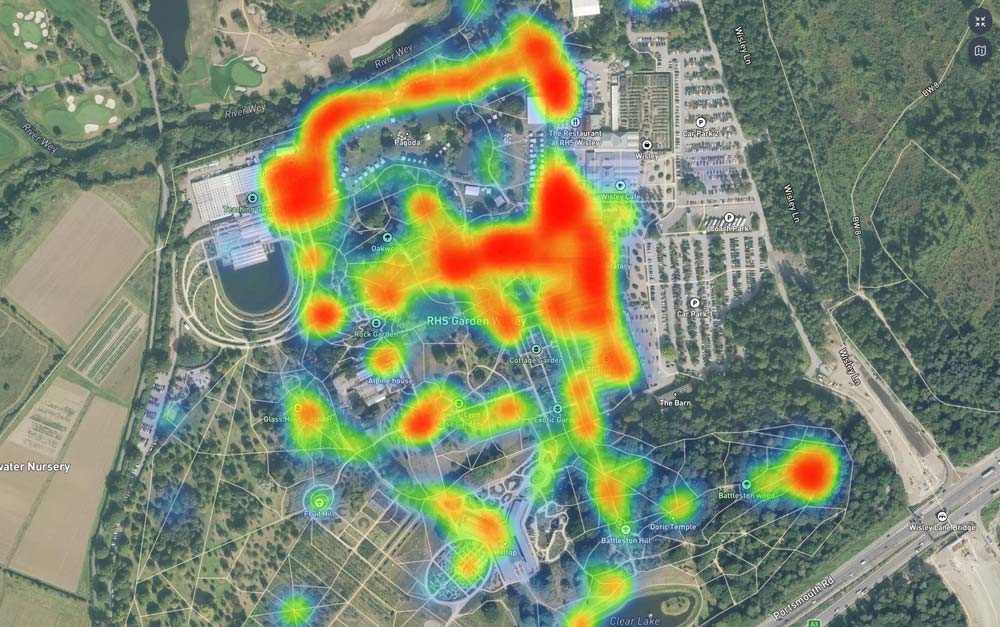 HypaMaps heatmap overlaid on a real aerial — visitor density and dwell hotspots.