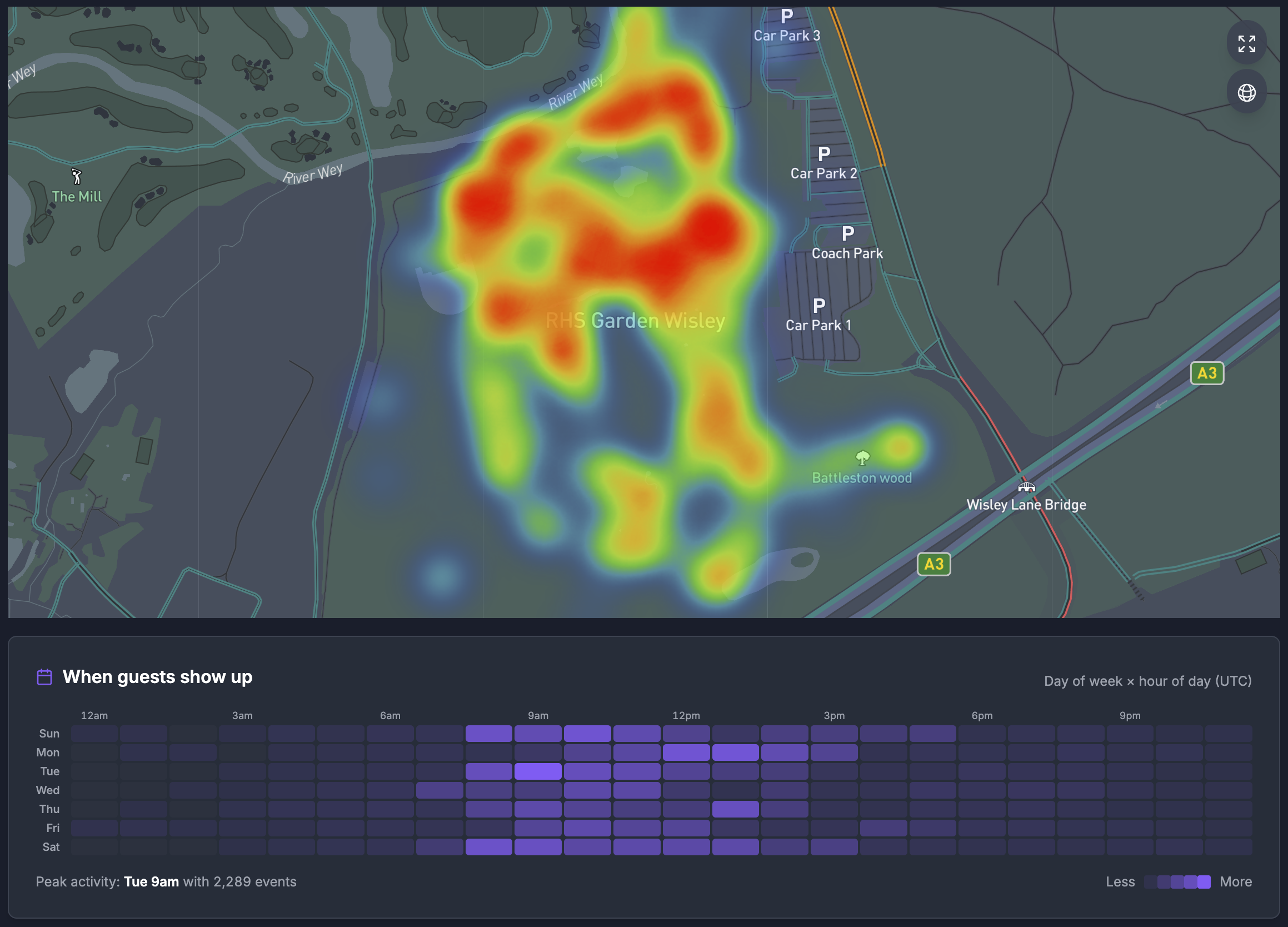 Footfall heatmap overlaid on a real client property. Clusters showing where guests congregate, pass through, and linger.